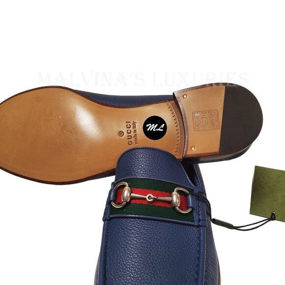 GUCCI SHOES MENS BLUE LEATHER MOCCASIN LOAFERS w HORSEBIT WEB sz 12.5G 13 - Picture 12 of 15